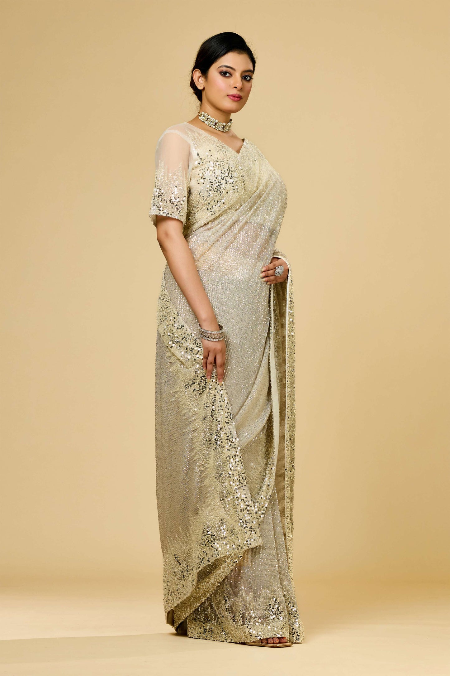 Cream Cut Dana Net Sarees 1003-10020