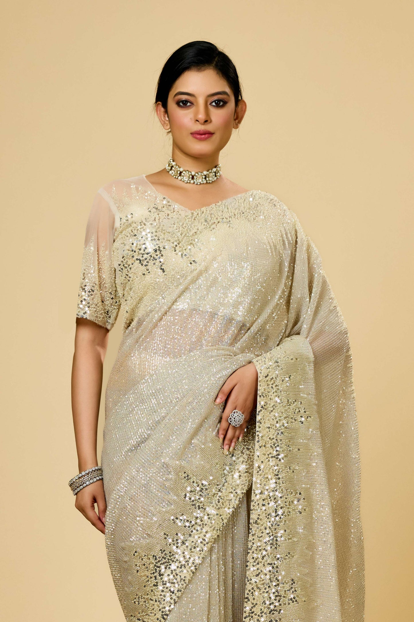 Cream Cut Dana Net Sarees 1003-10020