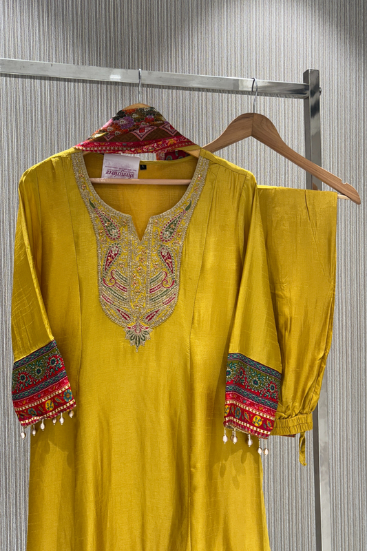 Yellow Zariwork Muslin Silk Salwar Suits 1005-10128