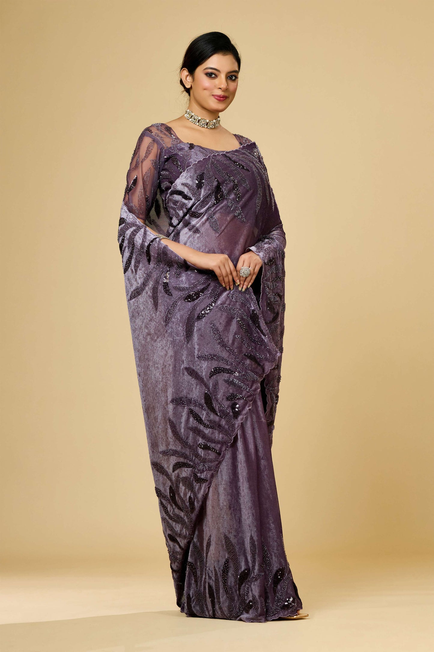 Mauve Cut Dana Lycra Velvet Sarees 1003-10019