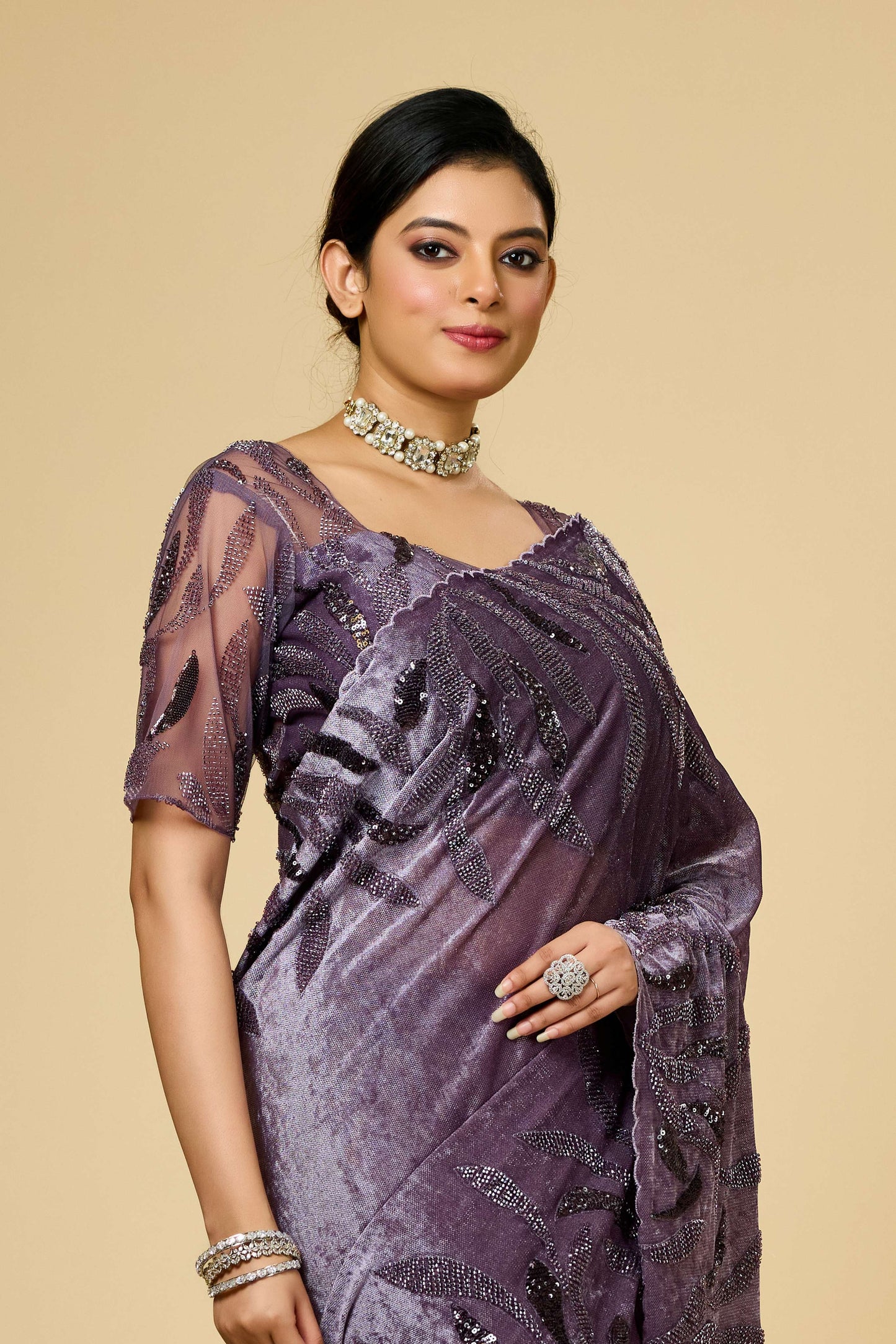 Mauve Cut Dana Lycra Velvet Sarees 1003-10019