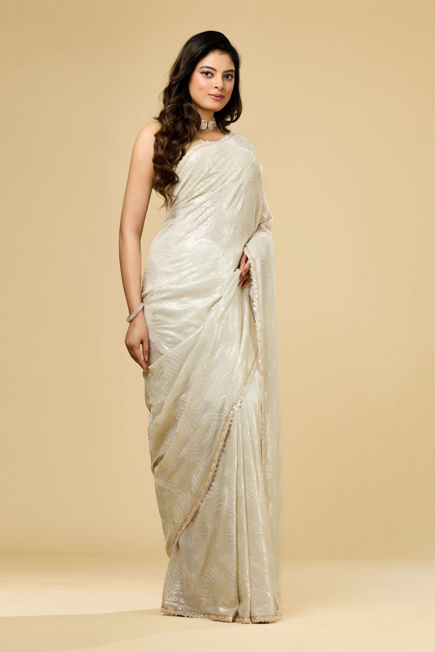 Cream Pearlwork Georgette Sarees 1011-10038