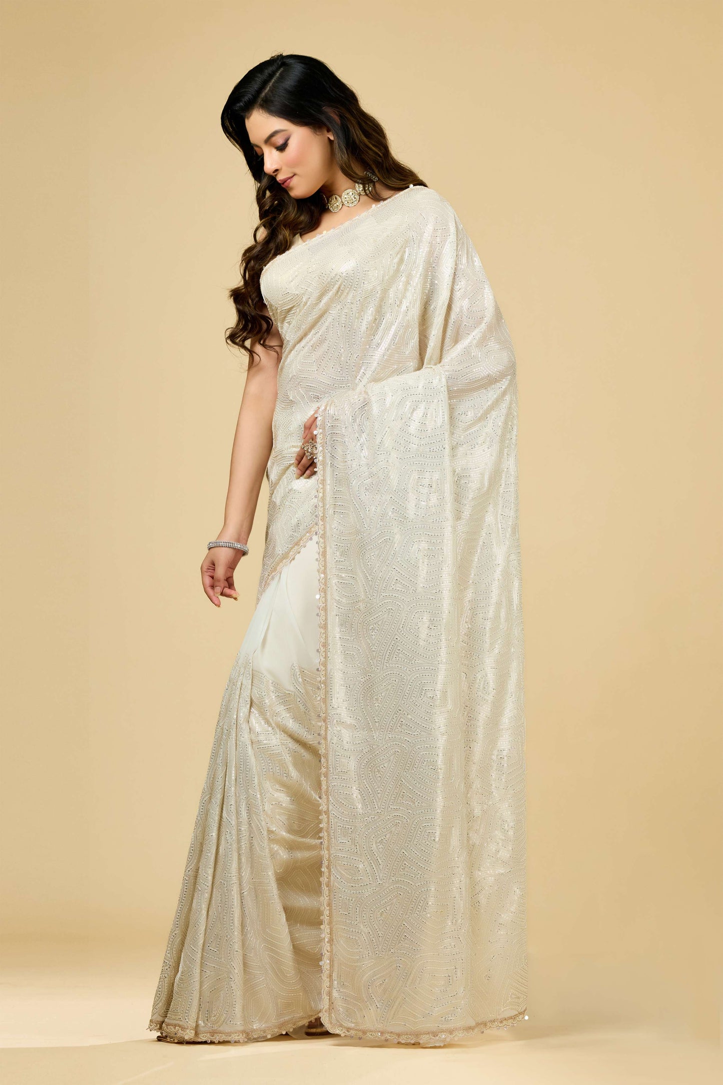Cream Pearlwork Georgette Sarees 1011-10038