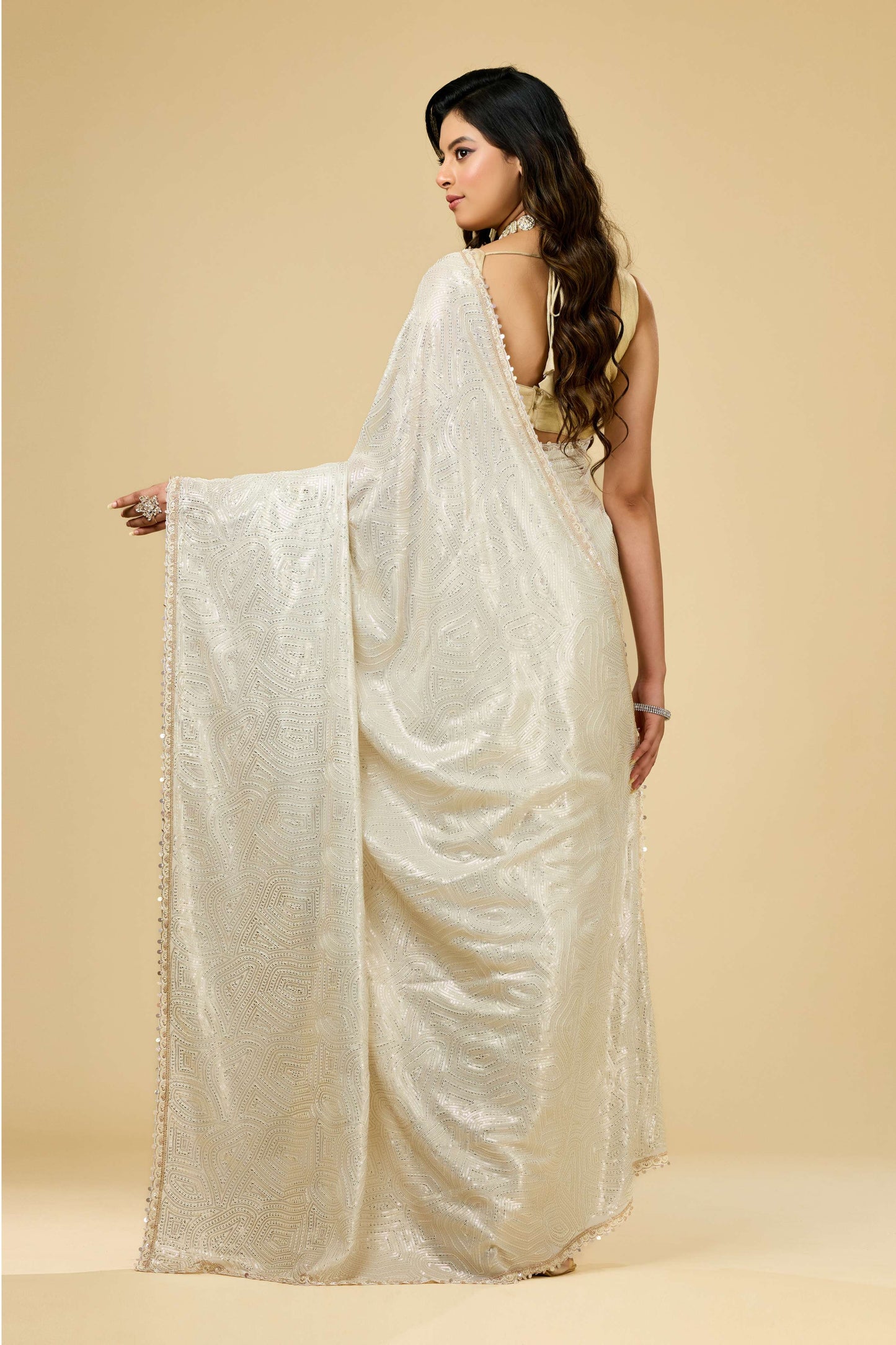 Cream Pearlwork Georgette Sarees 1011-10038