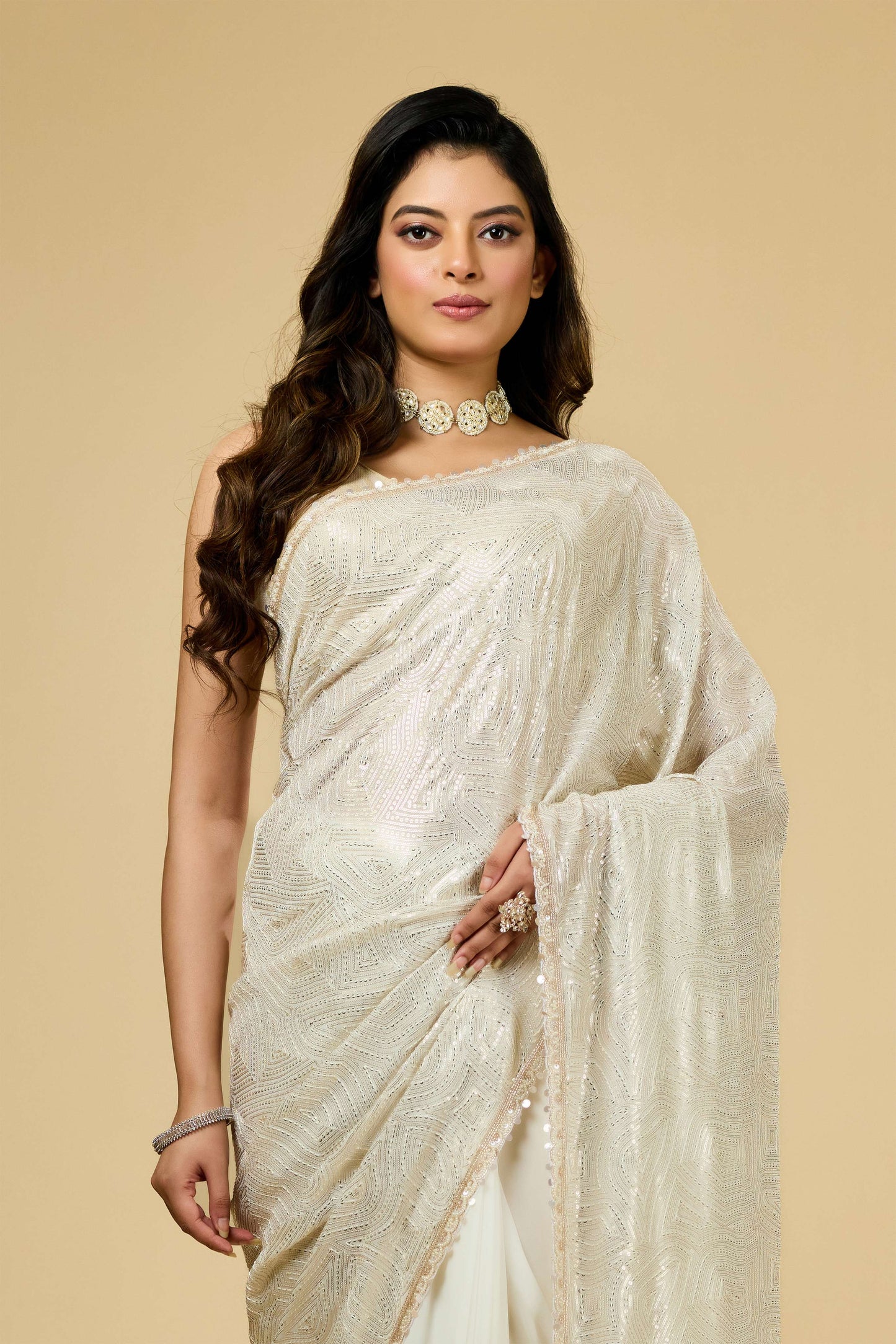 Cream Pearlwork Georgette Sarees 1011-10038