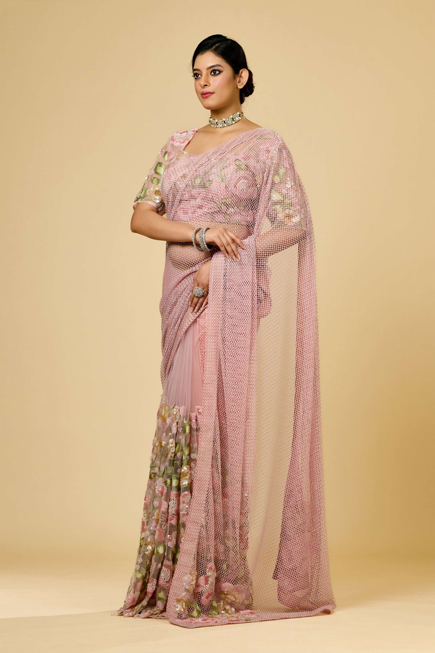 Pink Threadwork / Resham work Lycra Mesh with stone Sarees 1003-10021
