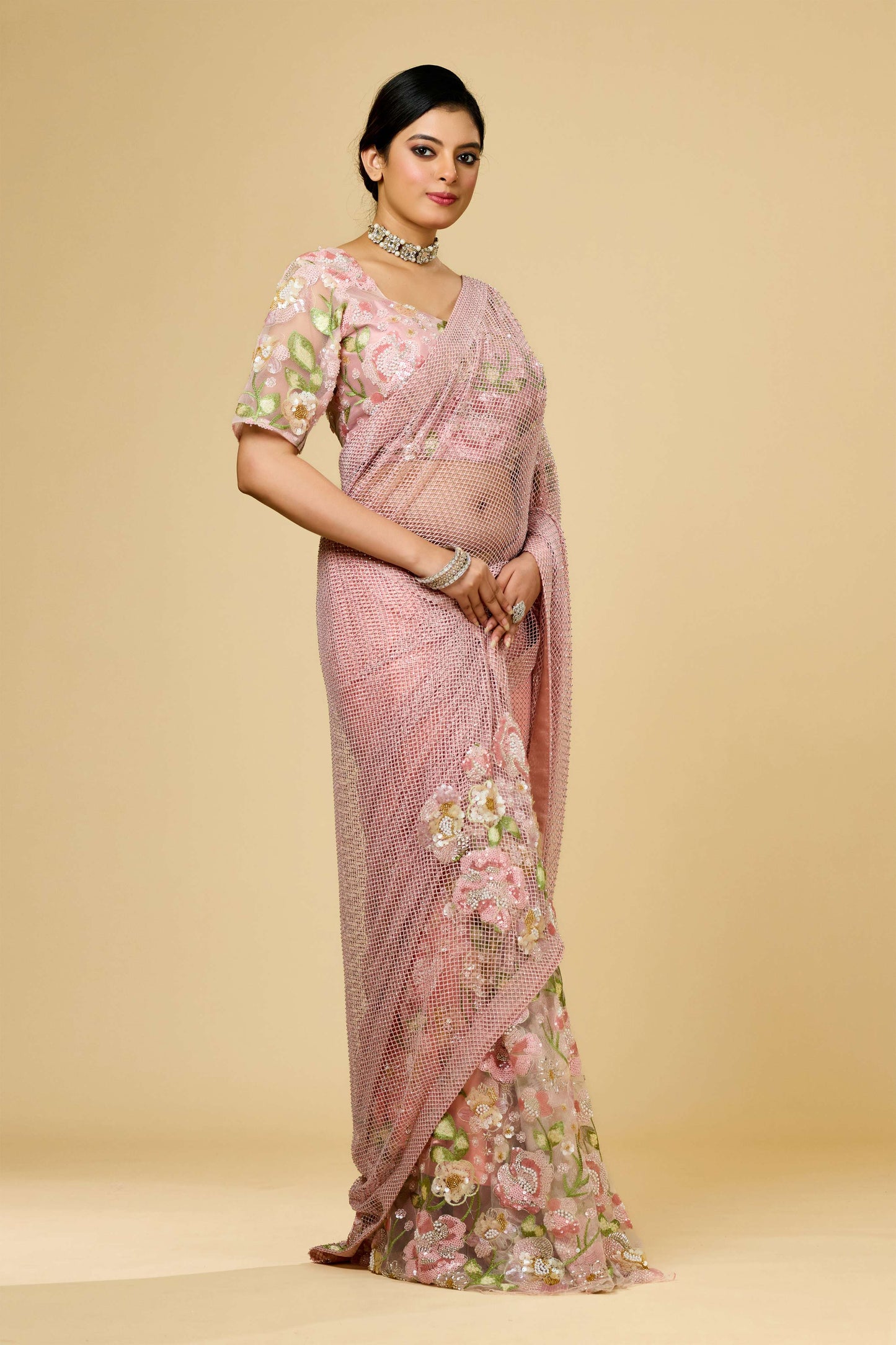 Pink Threadwork / Resham work Lycra Mesh with stone Sarees 1003-10021