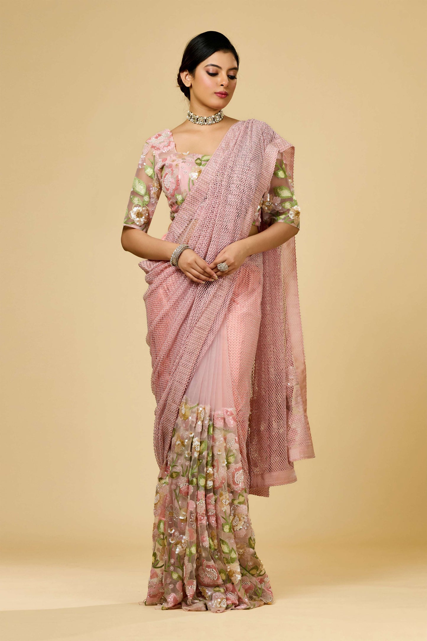 Pink Threadwork / Resham work Lycra Mesh with stone Sarees 1003-10021