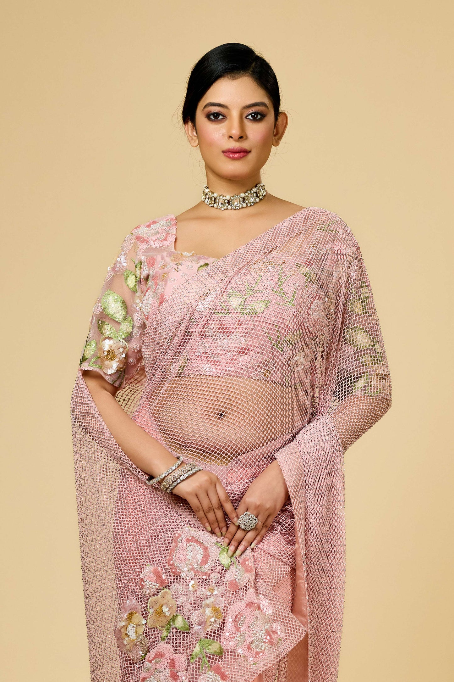Pink Threadwork / Resham work Lycra Mesh with stone Sarees 1003-10021