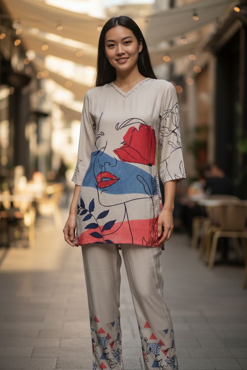 Light Grey  Printed Muslin  Coord Set 1033-10144