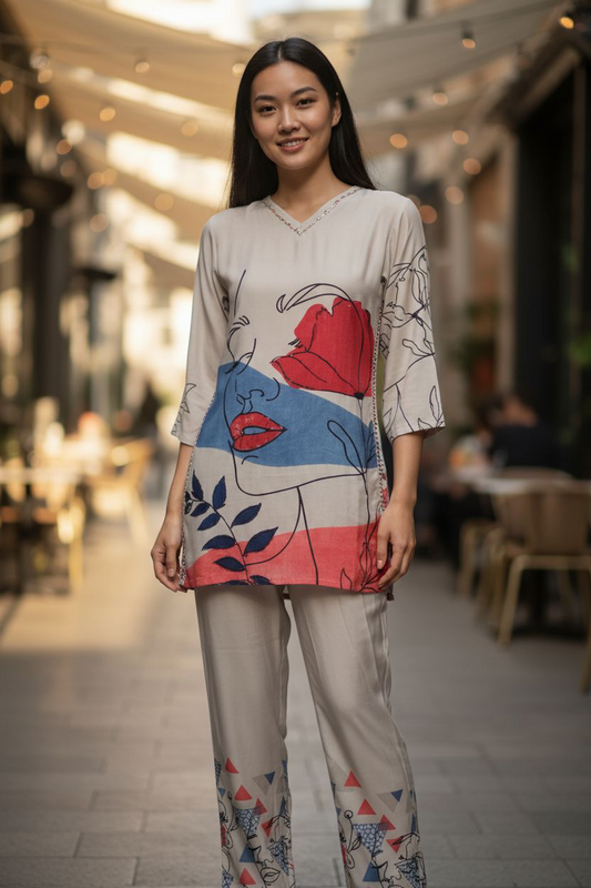 Light Grey  Printed Muslin  Coord Set 1033-10144