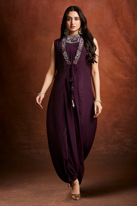 Wine Boolean work Satin  Indo Western 1032-10142