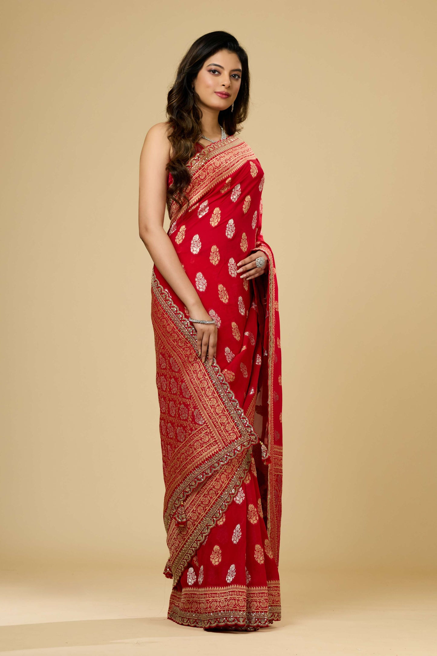 Red/Blue Golden Zari weave Khadi Georgette Sarees 1011-10030