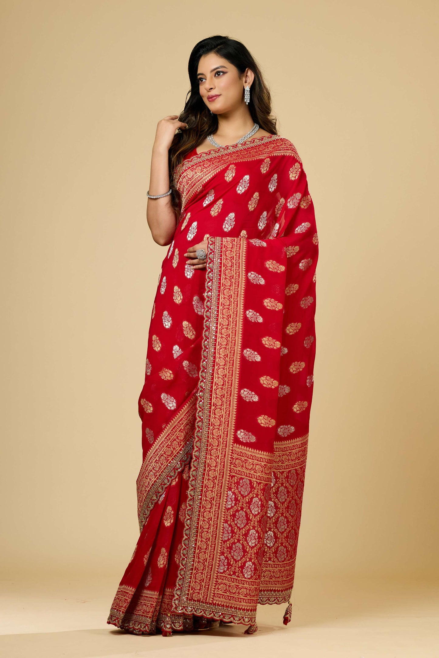 Red/Blue Golden Zari weave Khadi Georgette Sarees 1011-10030