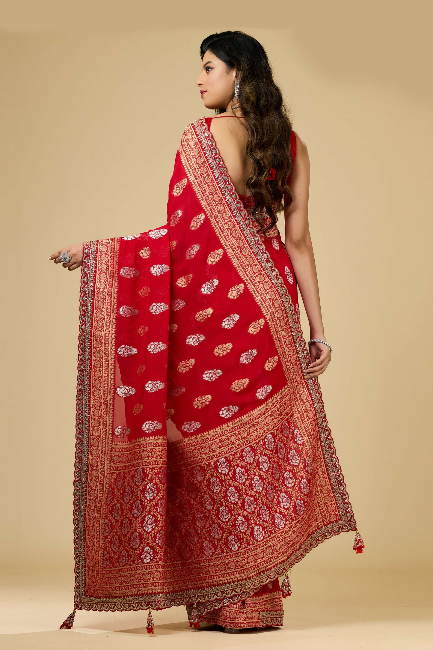 Red/Blue Golden Zari weave Khadi Georgette Sarees 1011-10030