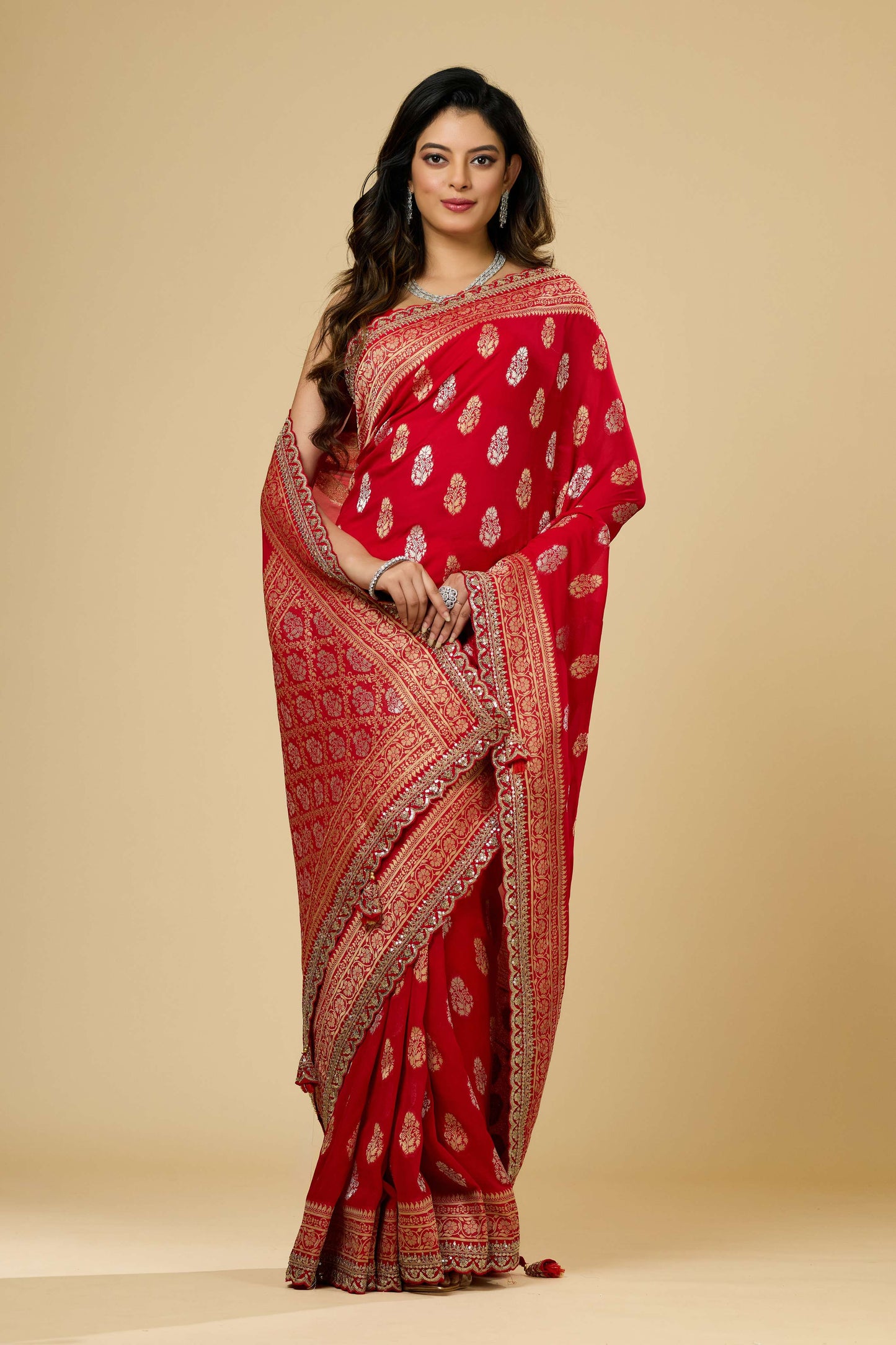 Red/Blue Golden Zari weave Khadi Georgette Sarees 1011-10030