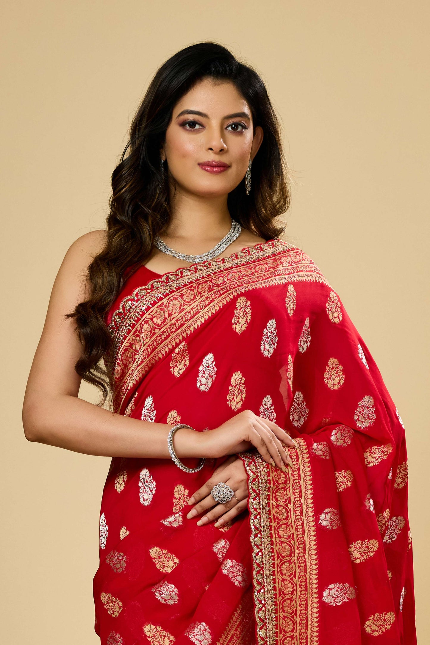 Red/Blue Golden Zari weave Khadi Georgette Sarees 1011-10030