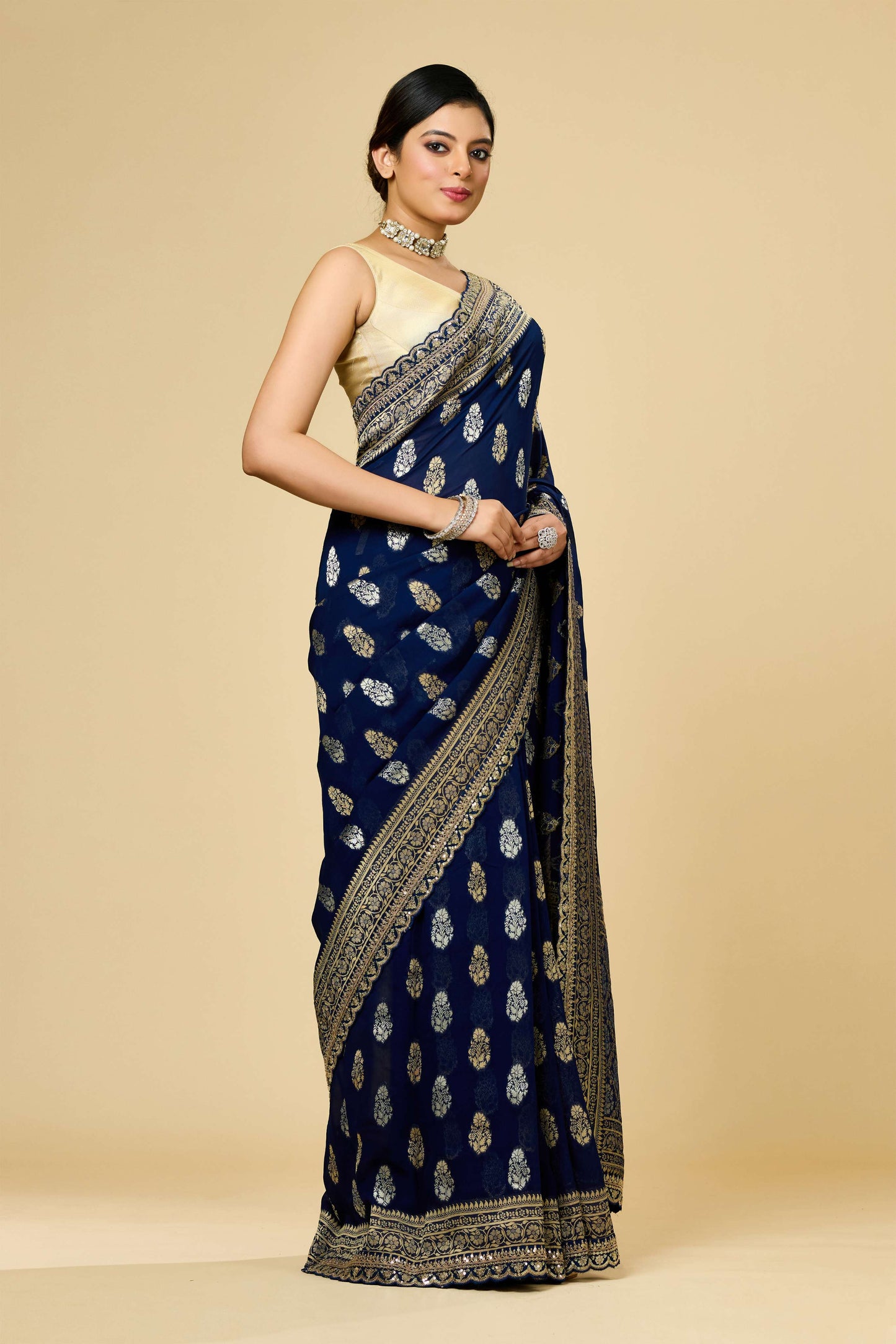 Red/Blue Golden Zari weave Khadi Georgette Sarees 1011-10030