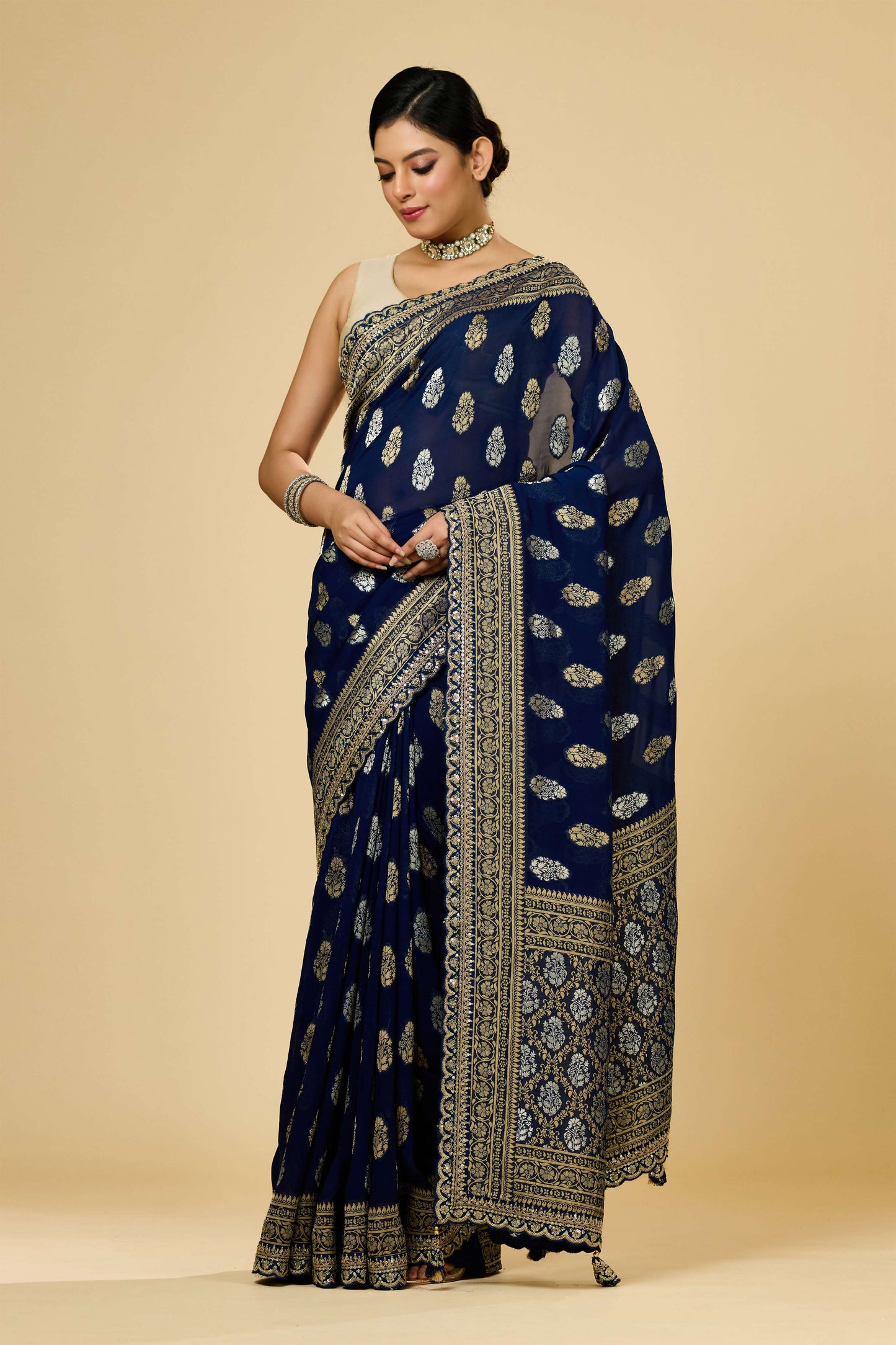 Red/Blue Golden Zari weave Khadi Georgette Sarees 1011-10030