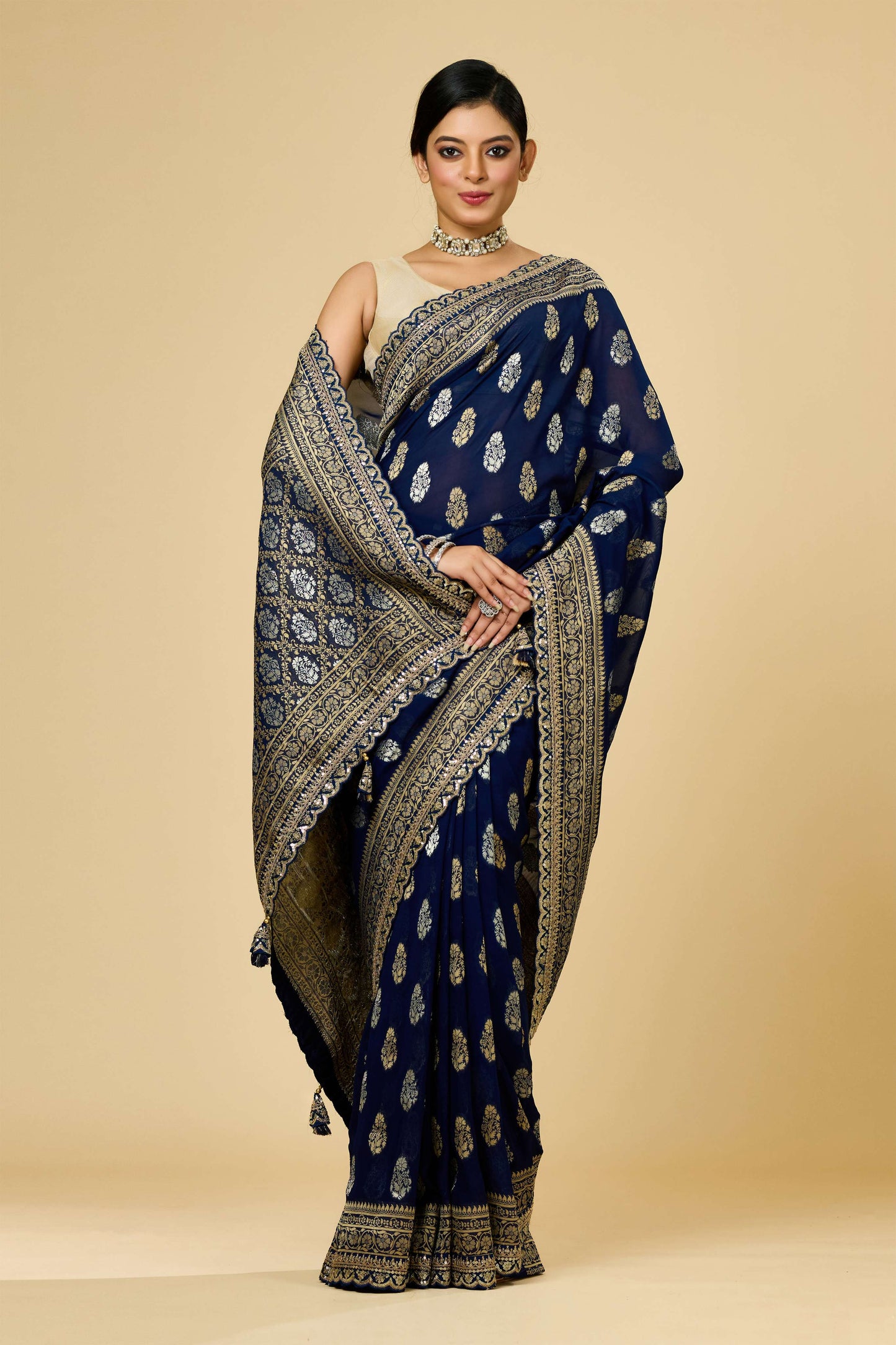 Red/Blue Golden Zari weave Khadi Georgette Sarees 1011-10030