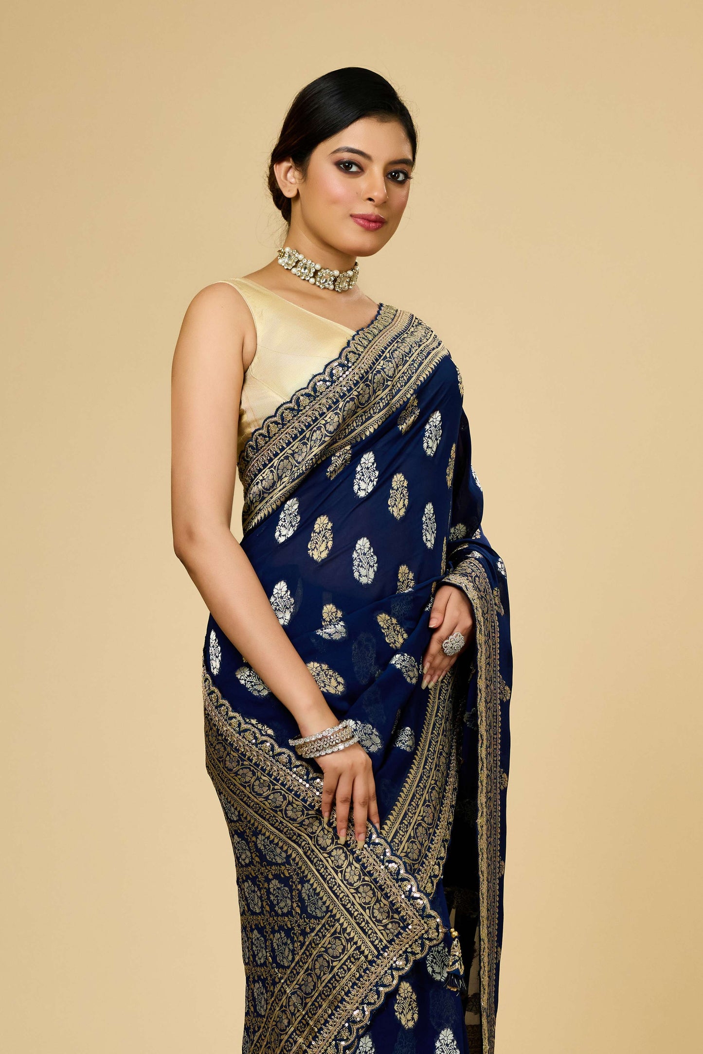 Red/Blue Golden Zari weave Khadi Georgette Sarees 1011-10030