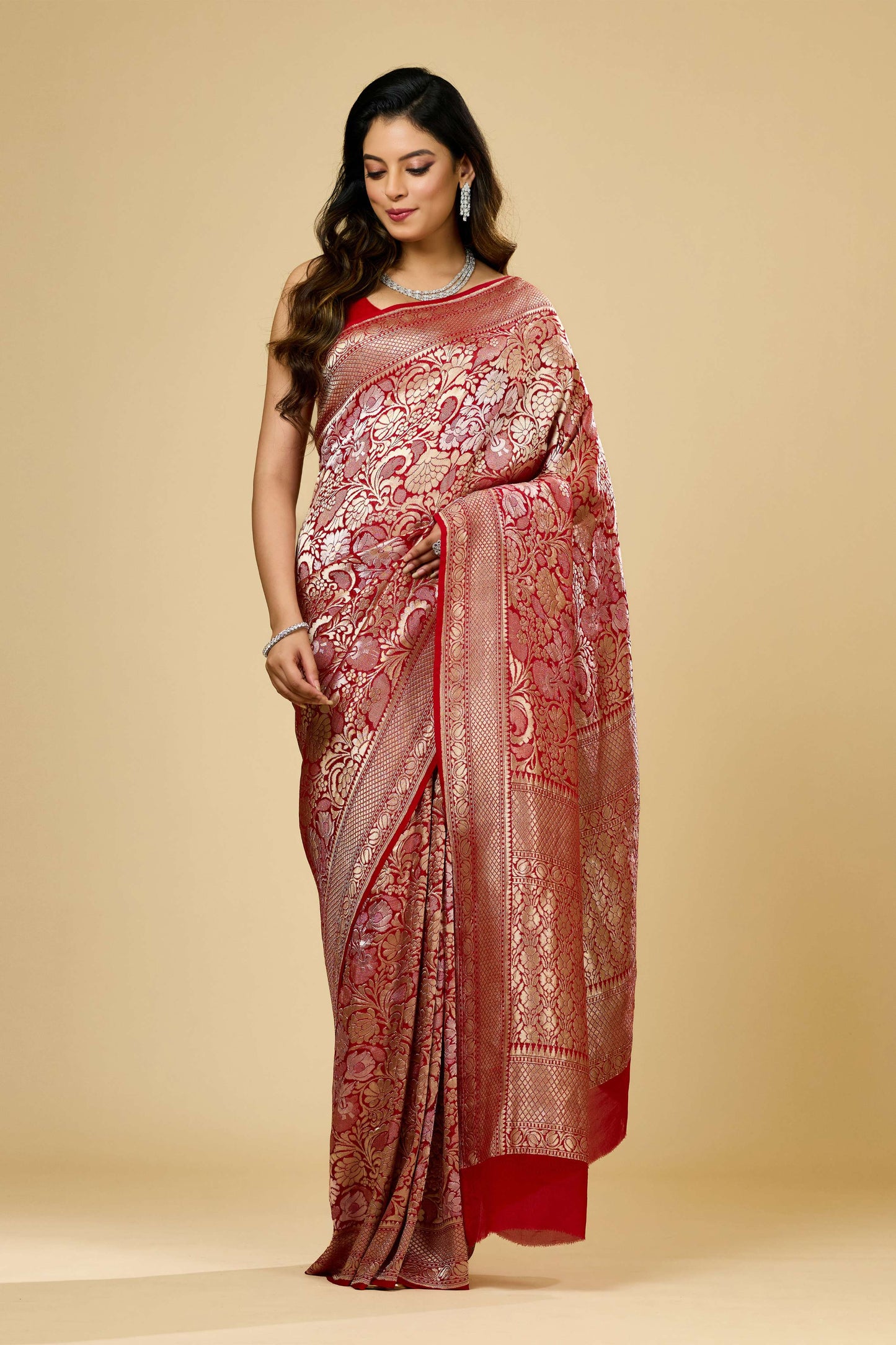 Red Golden Zari weave Khadi Georgette Sarees 1009-10024