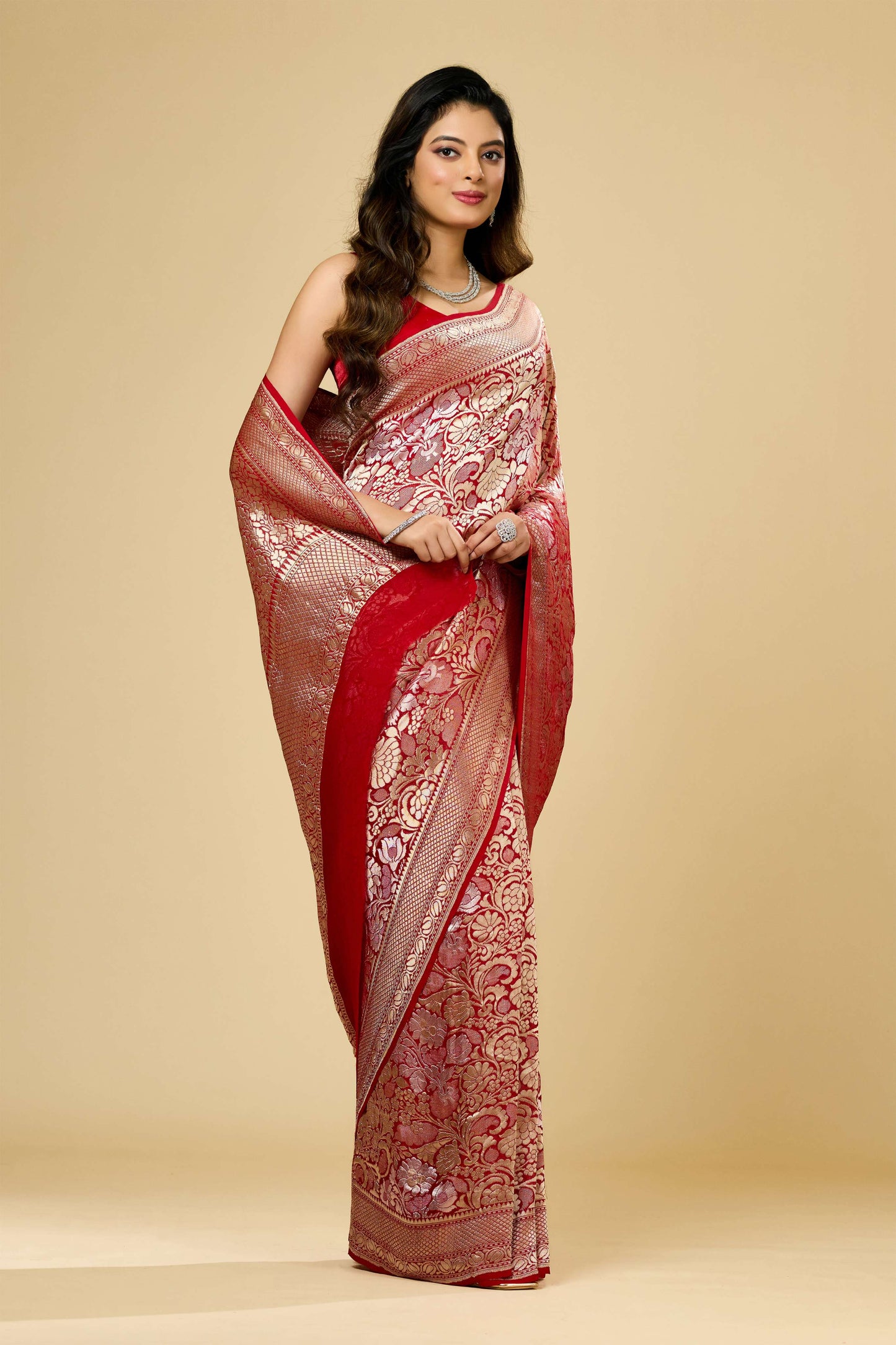 Red Golden Zari weave Khadi Georgette Sarees 1009-10024