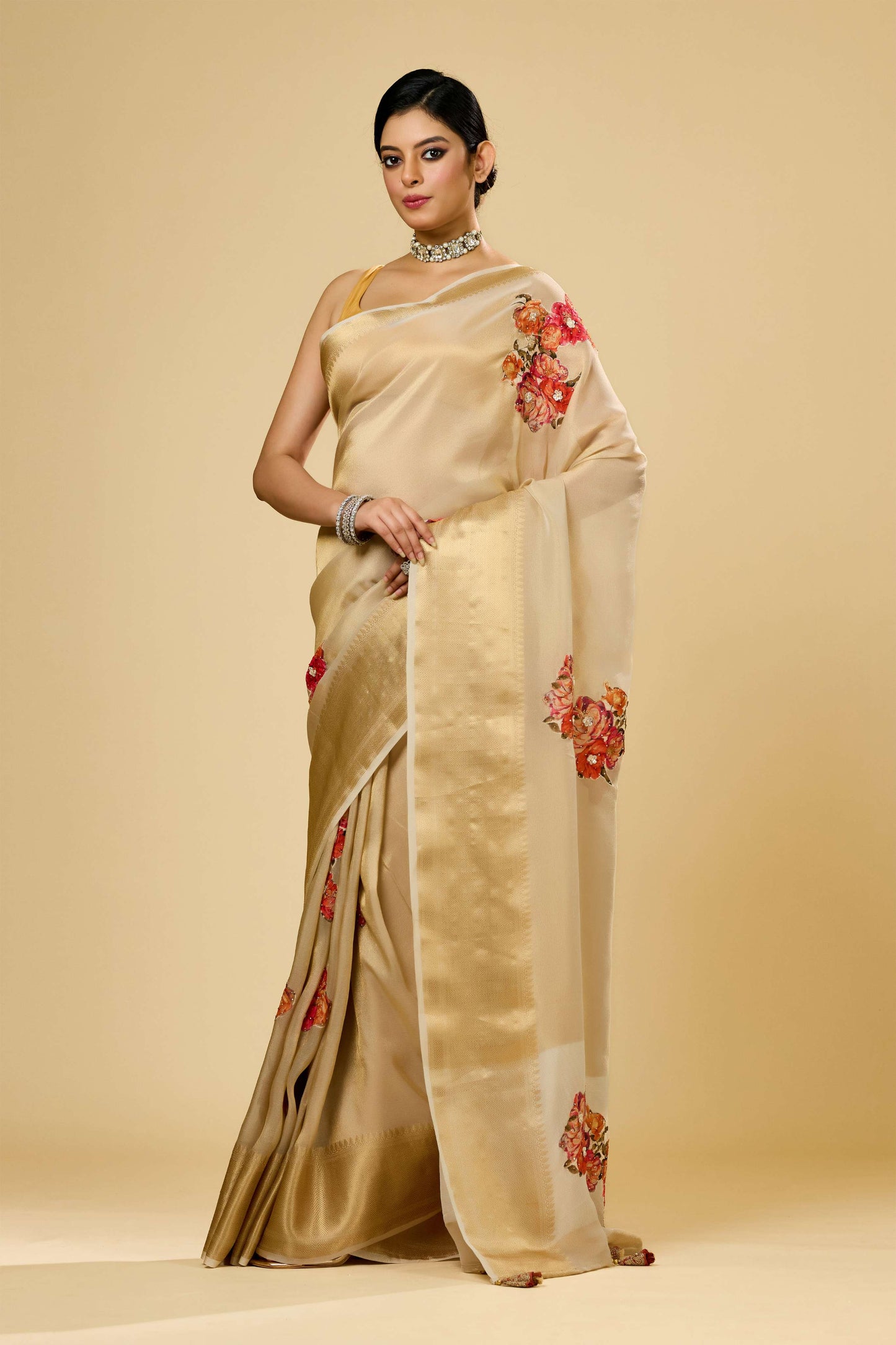 Beige Patchwork Tissue Sarees 1011-10031