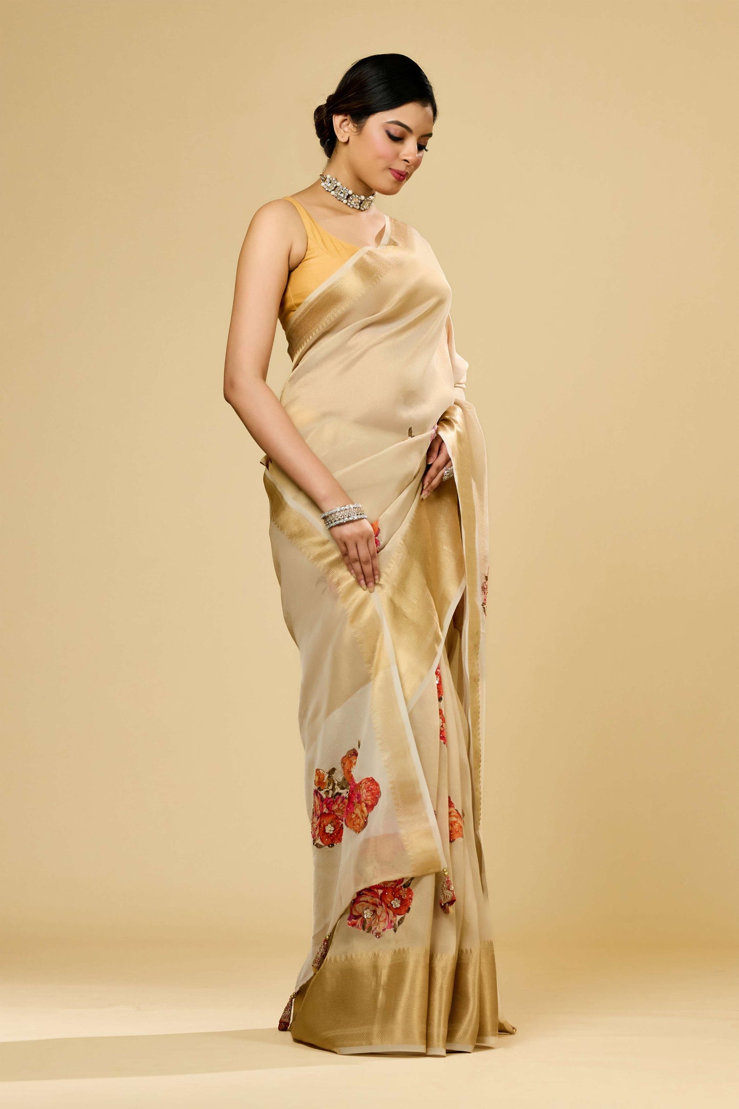 Beige Patchwork Tissue Sarees 1011-10031