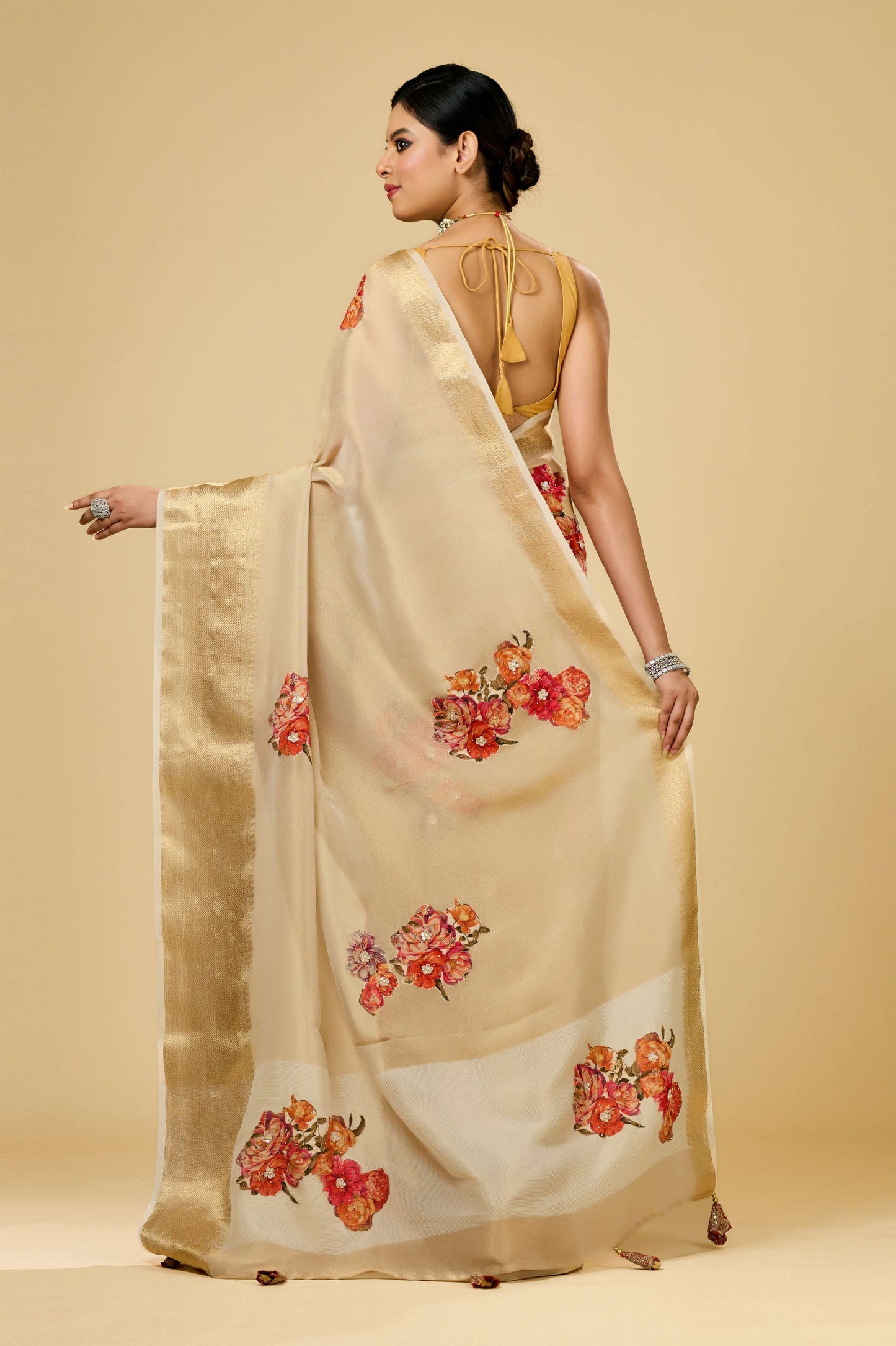 Beige Patchwork Tissue Sarees 1011-10031