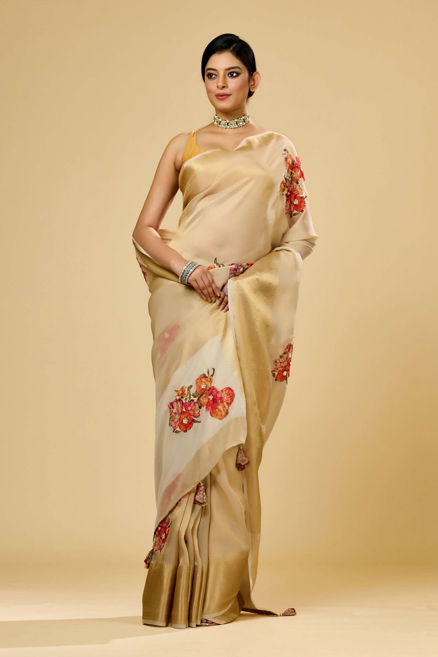 Beige Patchwork Tissue Sarees 1011-10031