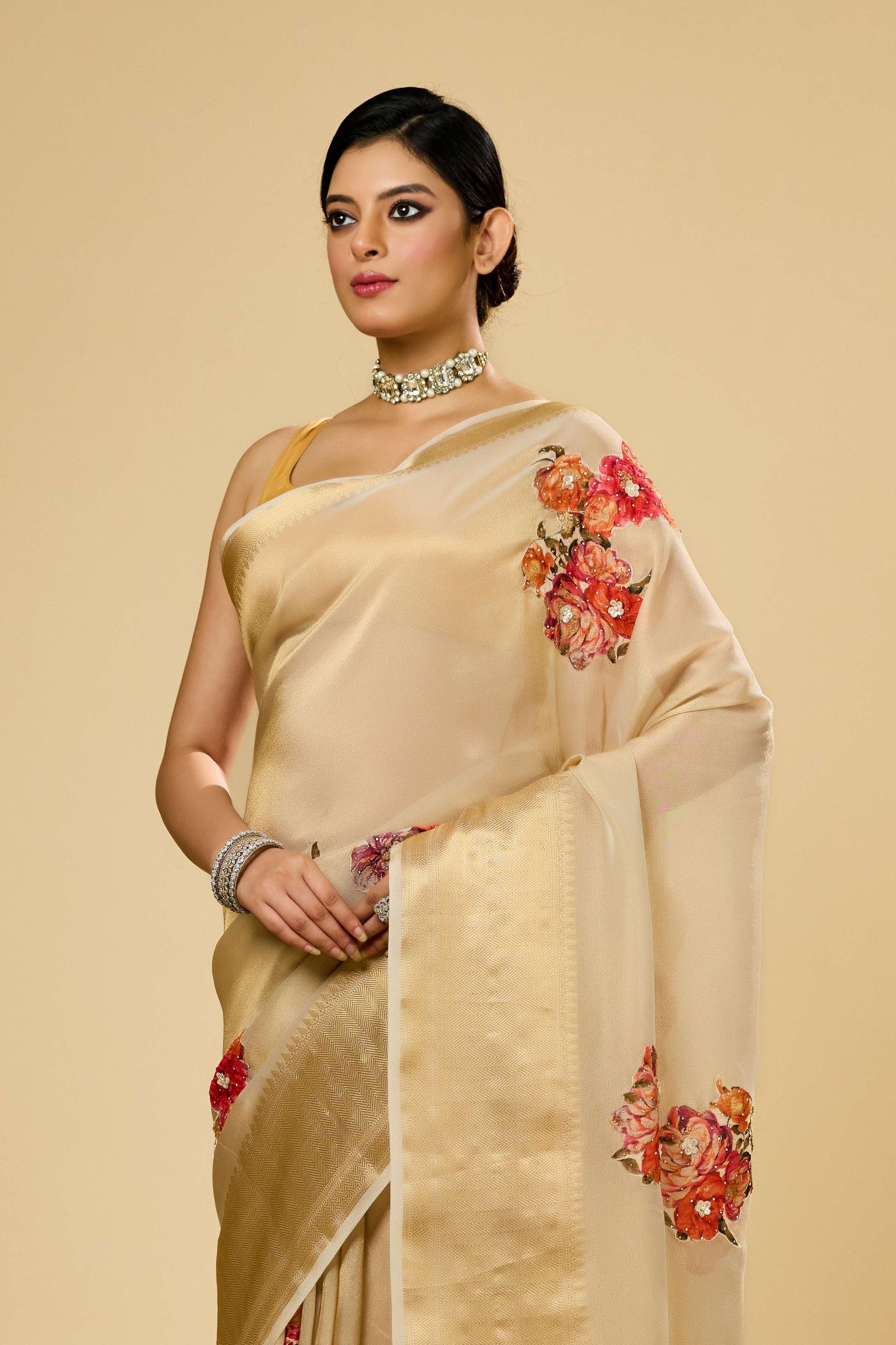 Beige Patchwork Tissue Sarees 1011-10031
