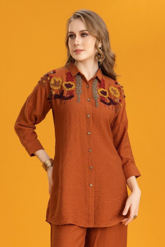 Orange Woolen thread work  Imported Linen Coord Set 1031-10139