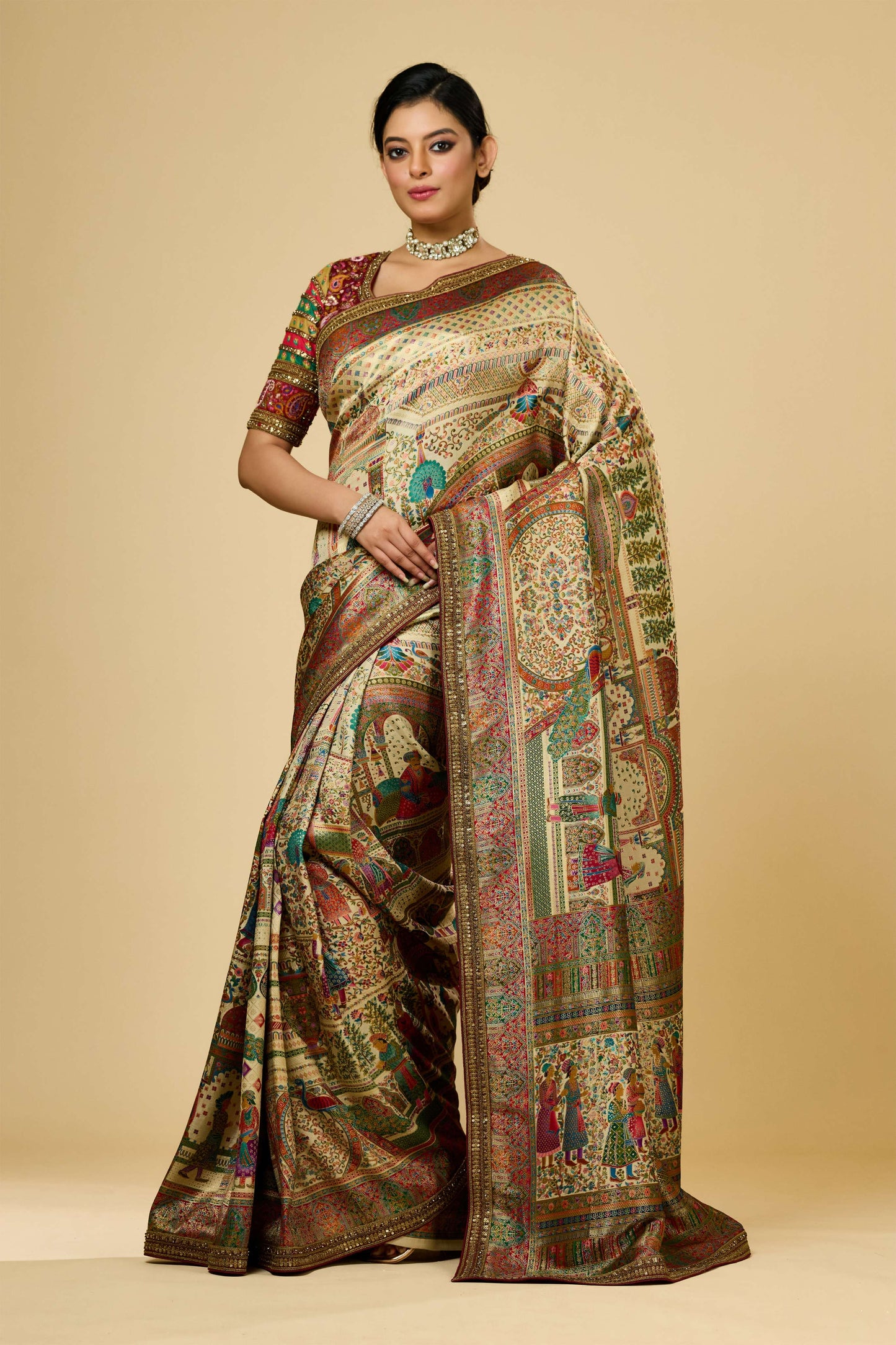Cream Position Print Silk Sarees 1008-10022