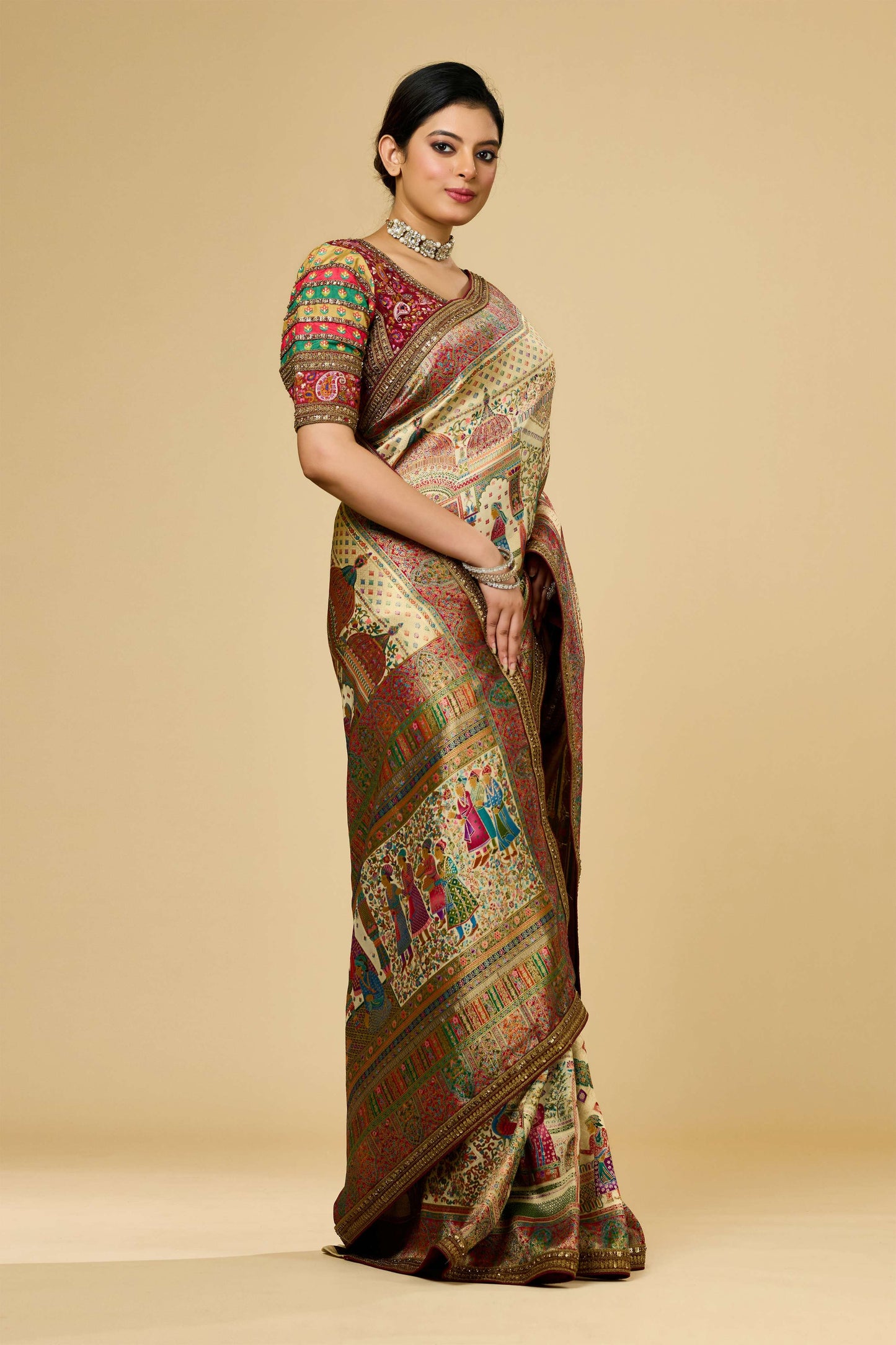 Cream Position Print Silk Sarees 1008-10022