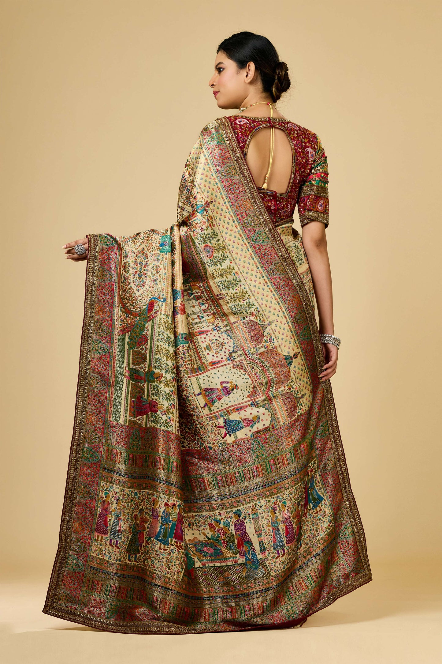Cream Position Print Silk Sarees 1008-10022