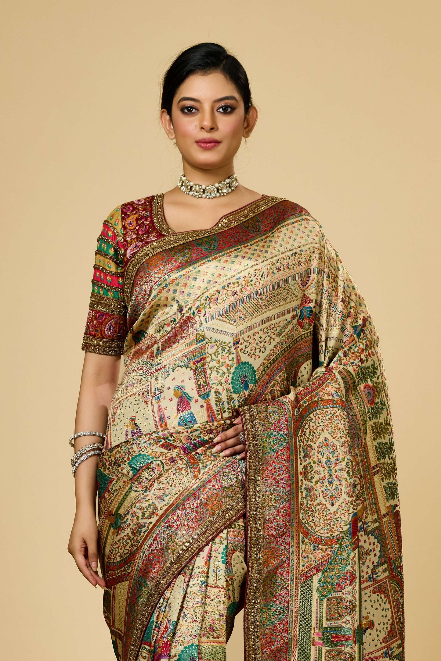 Cream Position Print Silk Sarees 1008-10022