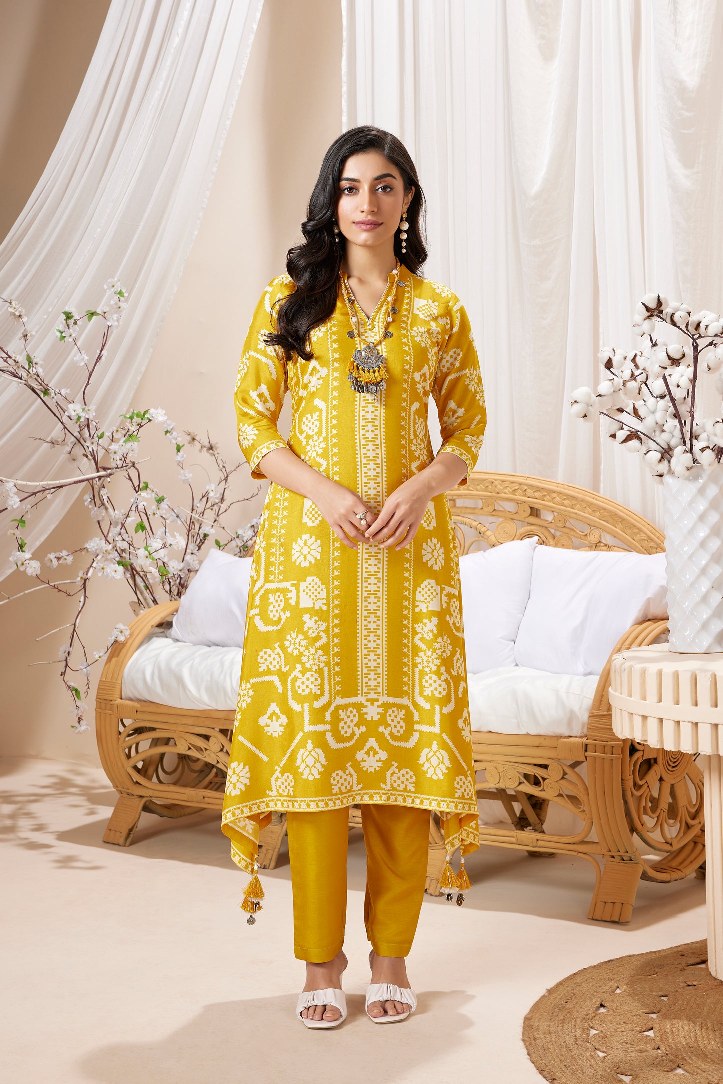 Yellow Printed Dola Silk Salwar Suits 1027-10166