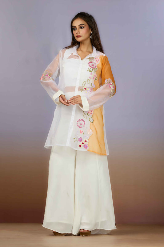 White Yellow Sequins HO silk Indo Western 1014-10088