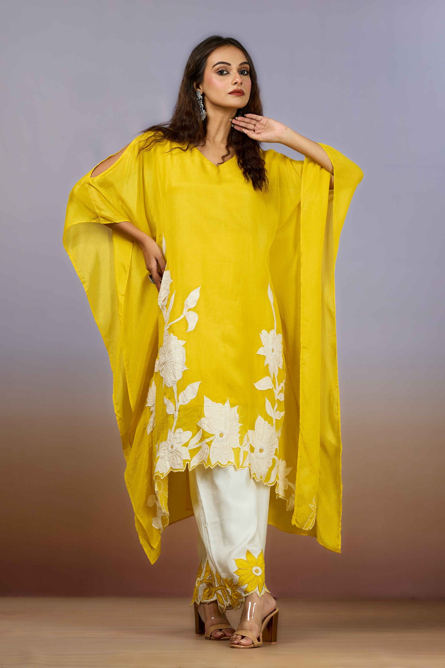 Yellow Pearlwork Chinon Salwar Suits 1014-10080