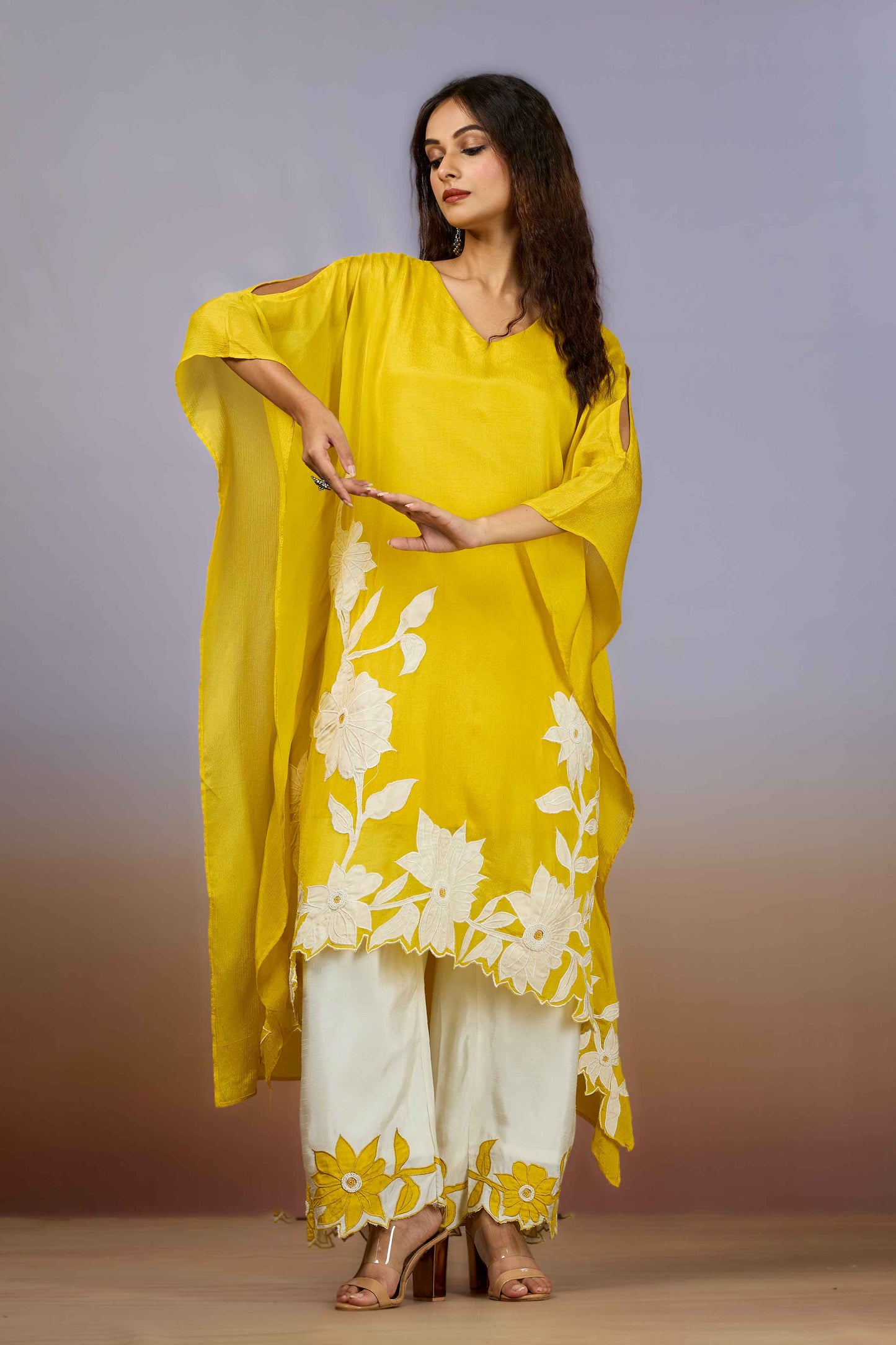 Yellow Pearlwork Chinon Salwar Suits 1014-10080