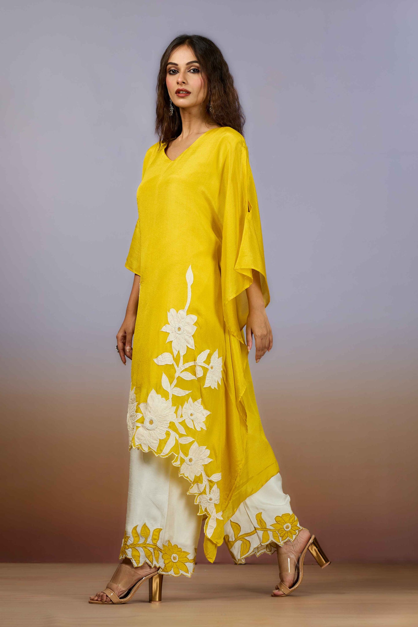Yellow Pearlwork Chinon Salwar Suits 1014-10080