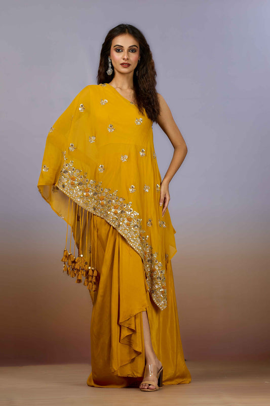 Yellow Sequins Georgette Indo Western 1021-10087