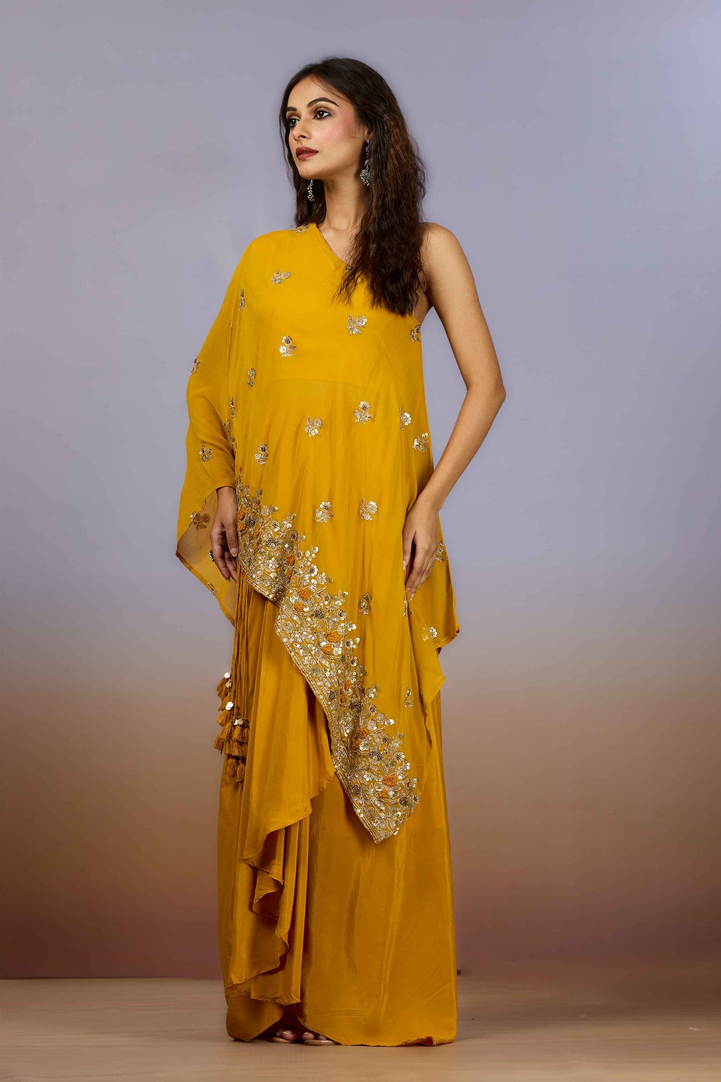 Yellow Sequins Georgette Indo Western 1021-10087