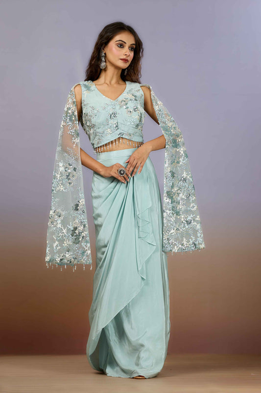 Skyblue Sequins Crepe Indo Western 1023-10092