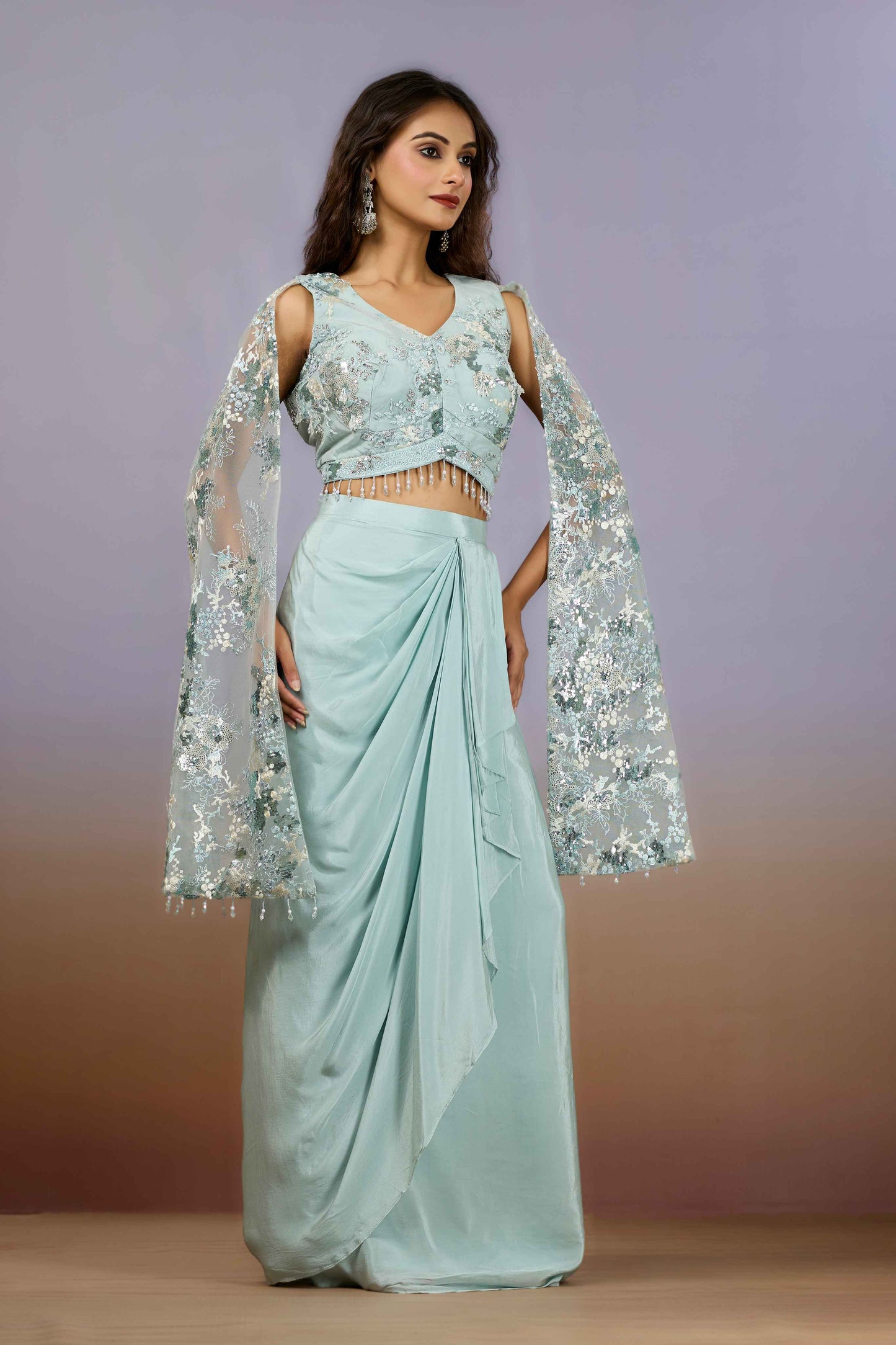 Skyblue Sequins Crepe Indo Western 1023-10092