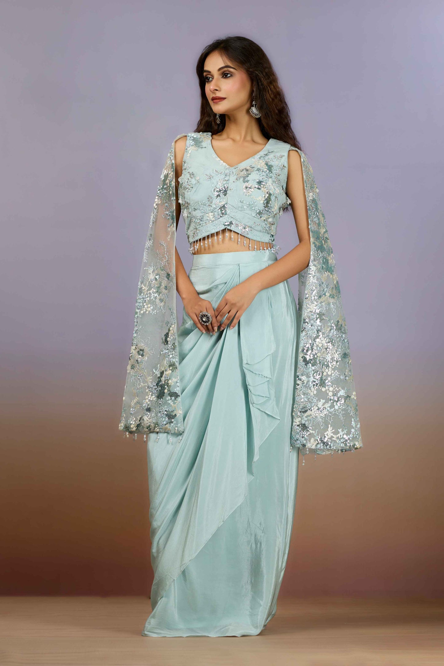 Skyblue Sequins Crepe Indo Western 1023-10092