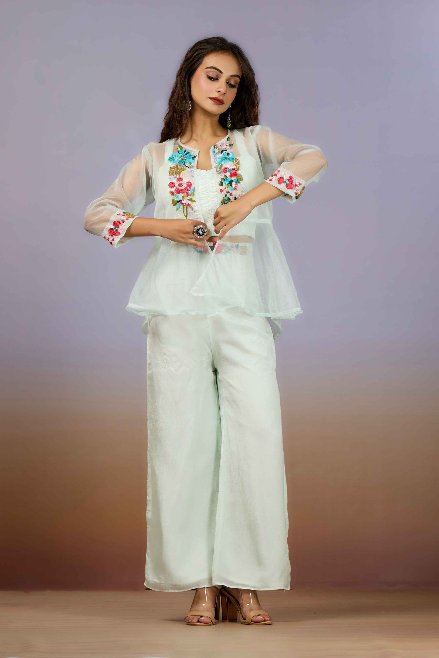 Pink Embroidery Organza Indo Western 1014-10085