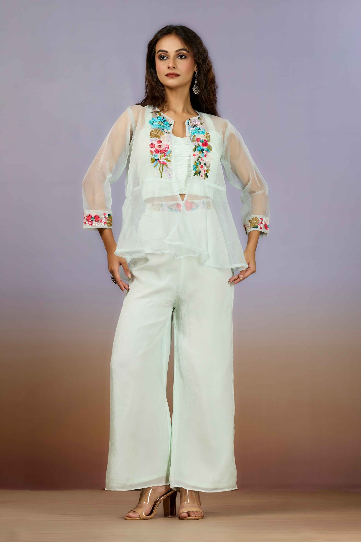 Pink Embroidery Organza Indo Western 1014-10085