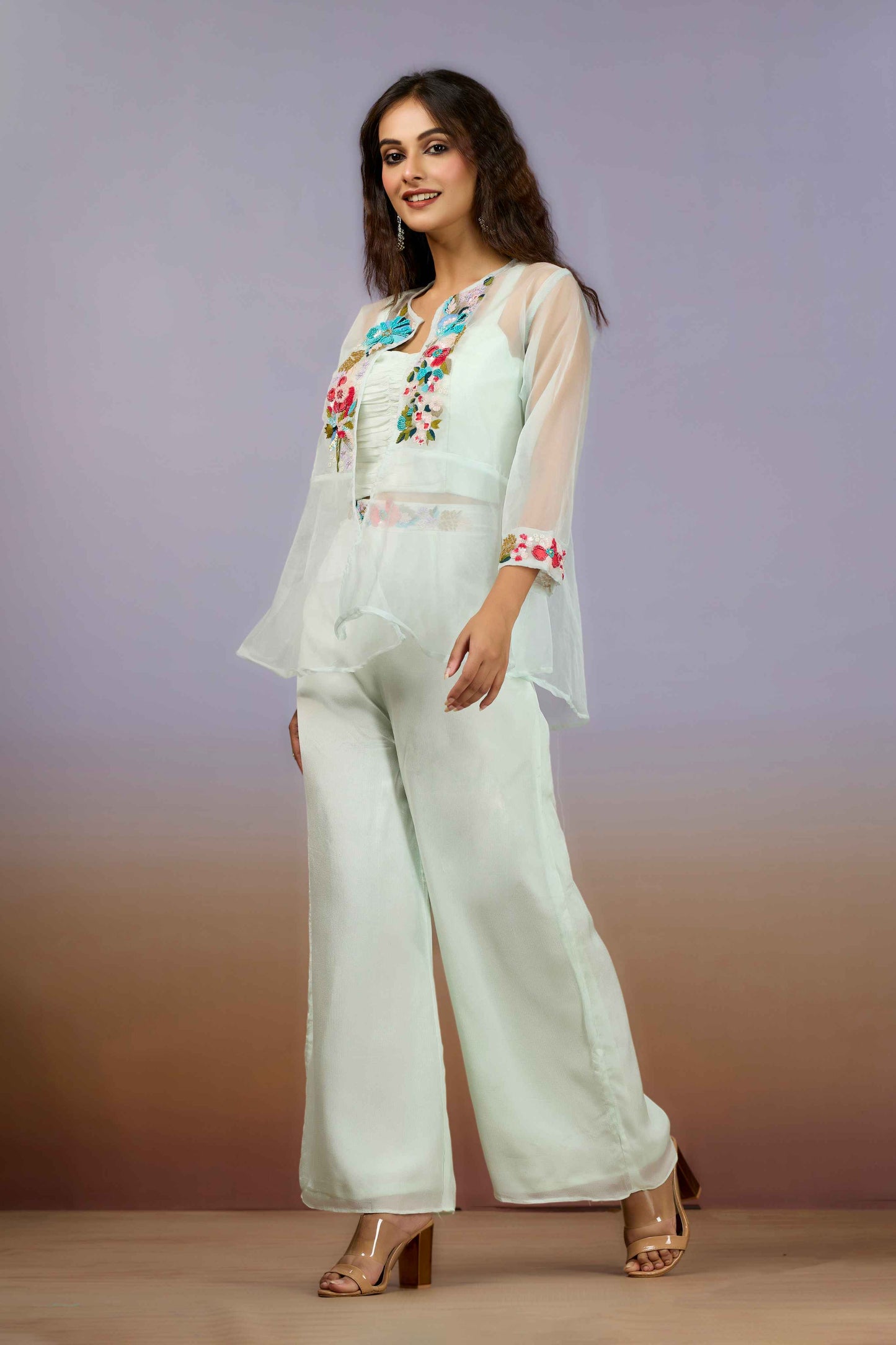 Pink Embroidery Organza Indo Western 1014-10085
